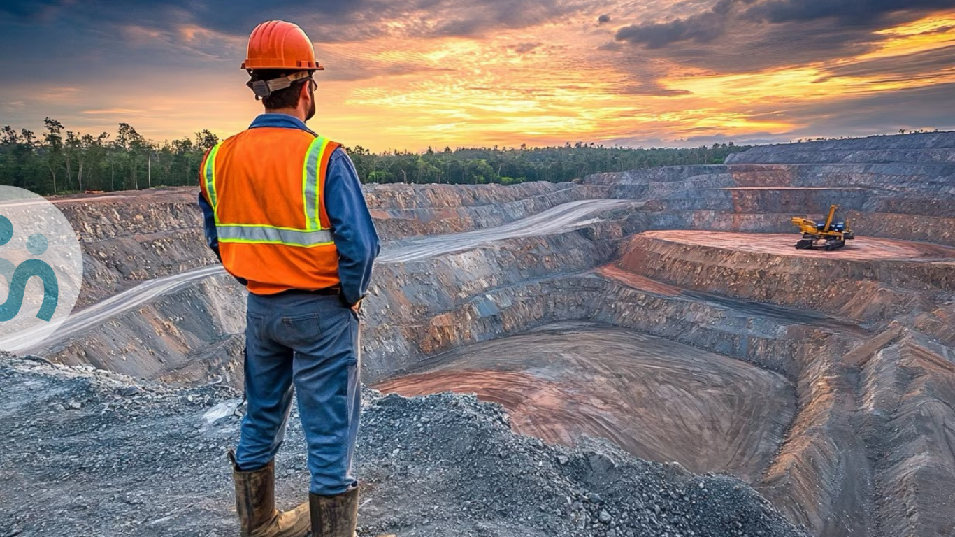 Workman looking down over an open pit mine at sunset